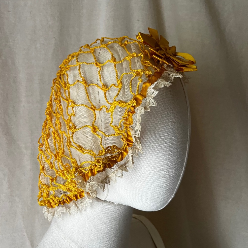1930s 1940s Vintage Hair Snood Gold Crochet Lace Satin Bow Hair Net Cap